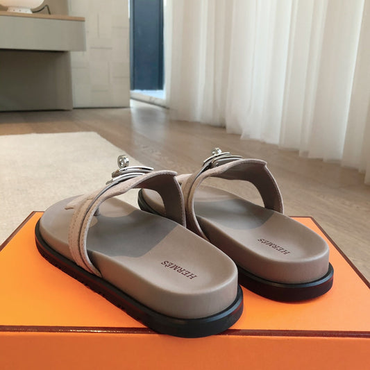 Empire Sandal Taupe Lambskin Suede Goatskin