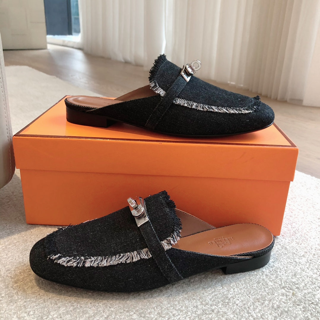 HM OZ Mule Denim Black Cowhide 756855