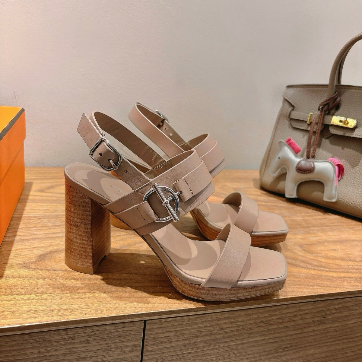 HM 26S Gigi 85 Sandal In Nude Beige Calfskin Silver Hardware