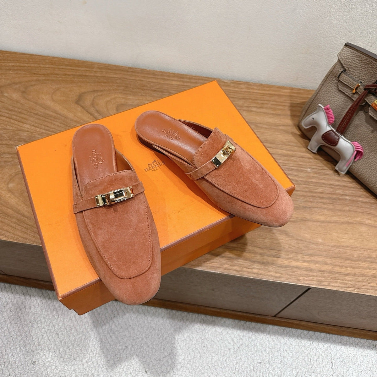HM 26s Kelly Mule In Peach Brown Suede Gold Hardware