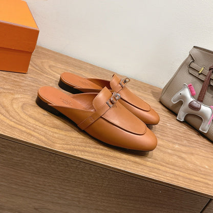 HM 26s Kelly Mule In Tan Brown Calfskin Silver Hardware