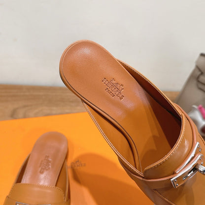 HM 26s Kelly Mule In Tan Brown Calfskin Silver Hardware