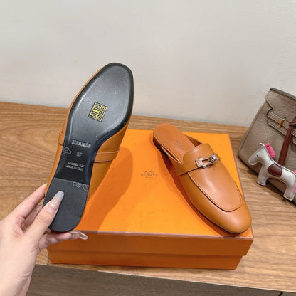 HM 26s Kelly Mule In Tan Brown Calfskin Silver Hardware