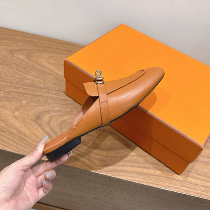 HM 26s Kelly Mule In Tan Brown Calfskin Silver Hardware