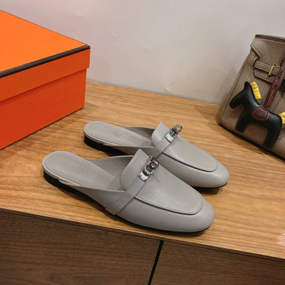 HM 26s Kelly Mule In Grey Calfskin Silver Hardware