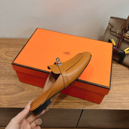 HM 26s Kelly Mule In Tan Brown Calfskin Silver Hardware