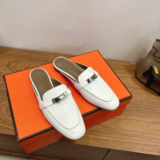 HM 26s Kelly Mule In White And Brown Calfskin Silver Hardware