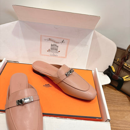 HM 26s Kelly Mule In Grey Beige Calfskin Silver Hardware