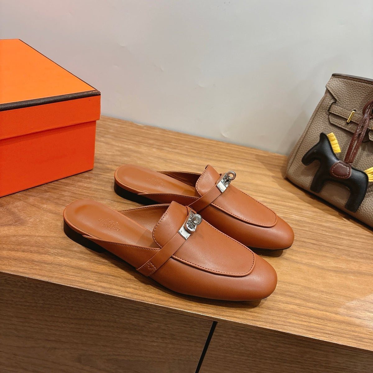 HM 26s Kelly Mule In Caramel Brown Calfskin Silver Hardware