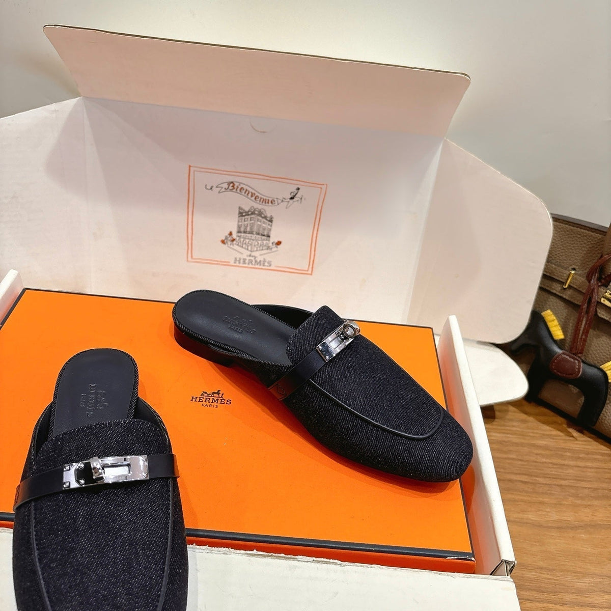 HM 26s Oz Mule In Black Denim Silver Hardware