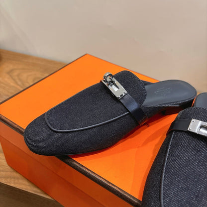 HM 26s Oz Mule In Black Denim Silver Hardware
