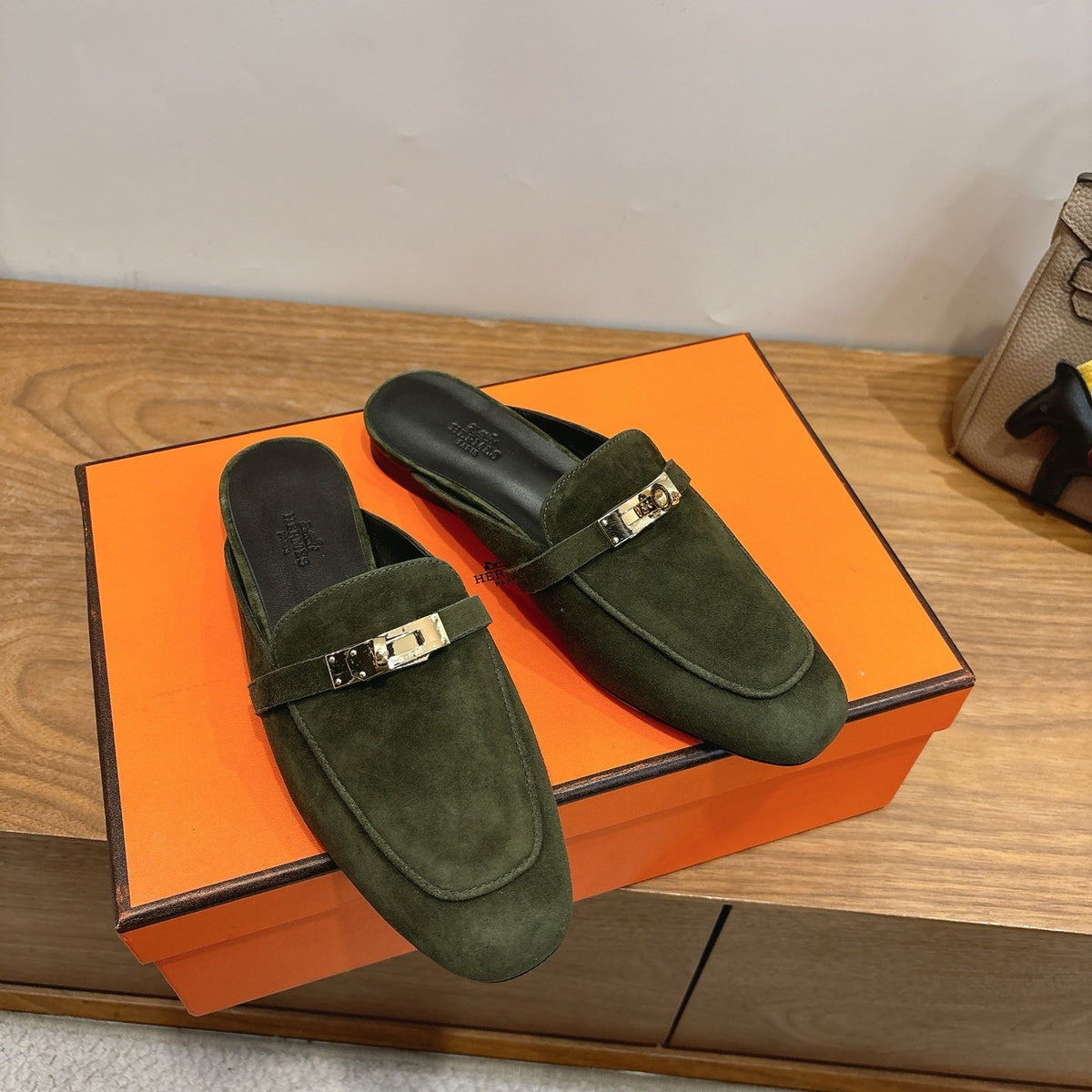 HM 26s Oz Mule In Dark Olive Green Suede Gold Hardware