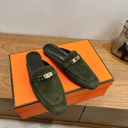 HM 26s Oz Mule In Dark Olive Green Suede Gold Hardware