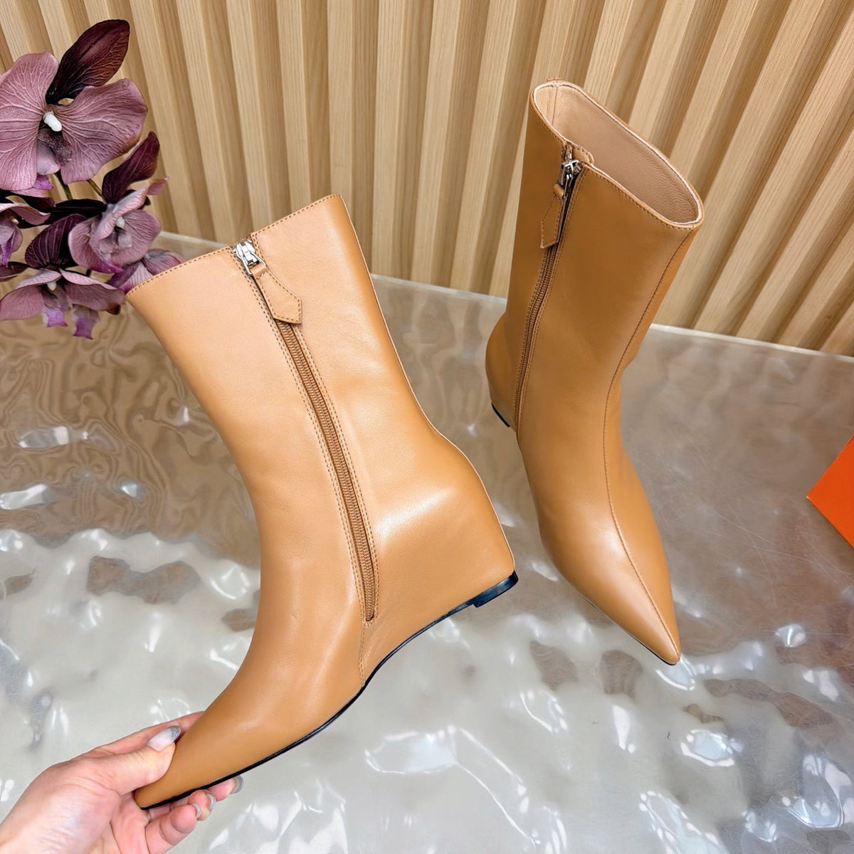 HM Leonie Ankle Boots 7cm Camel Sheepskin 589200