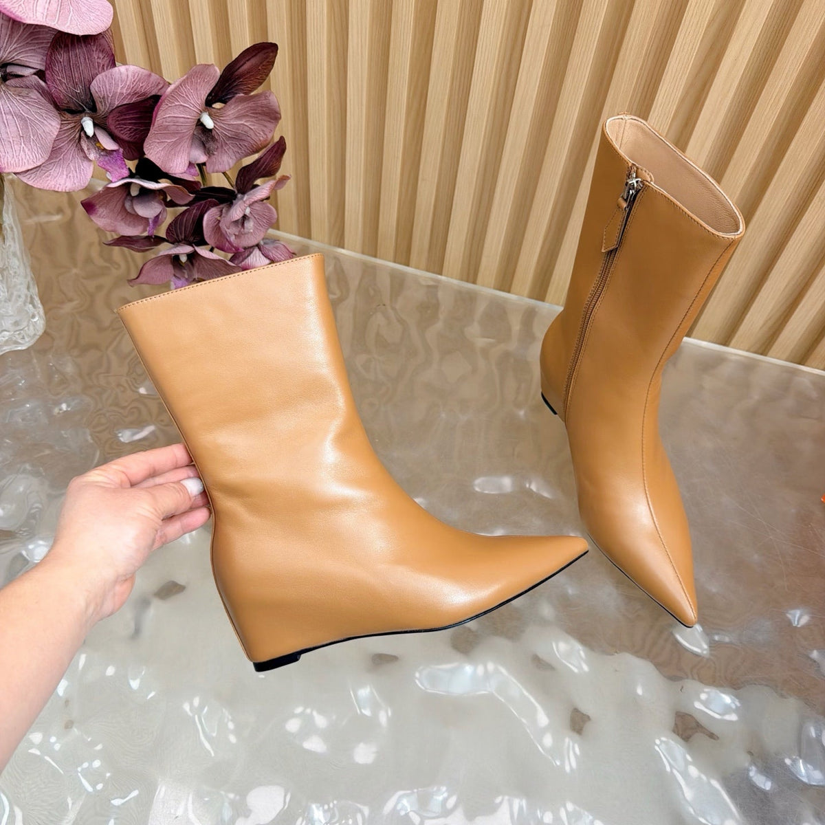 HM Leonie Ankle Boots 7cm Camel Sheepskin 589200