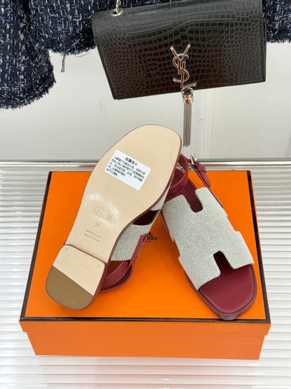 HM Maya Sandal Burgundy White Leather Canvas 642789
