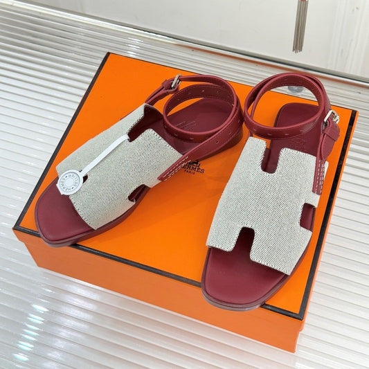 HM Maya Sandal Burgundy White Leather Canvas 642789