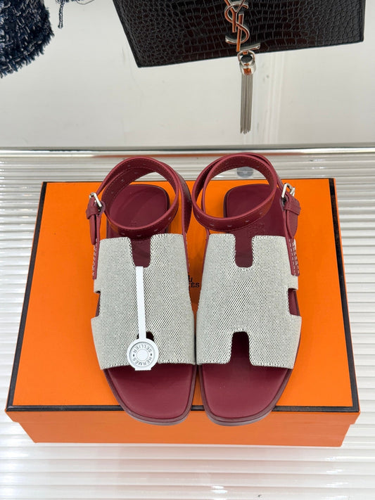 HM Maya Sandal Burgundy White Leather Canvas 642789