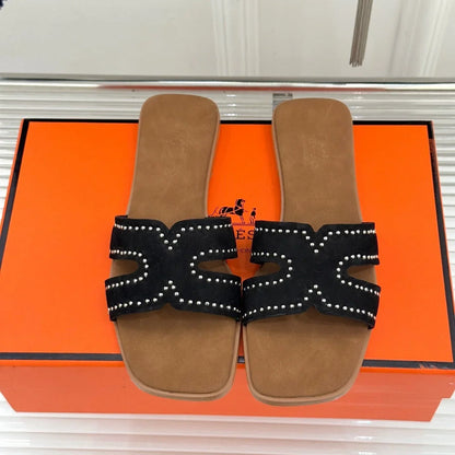 HM 26ss Flat Slippers Brown Black Suede 642827