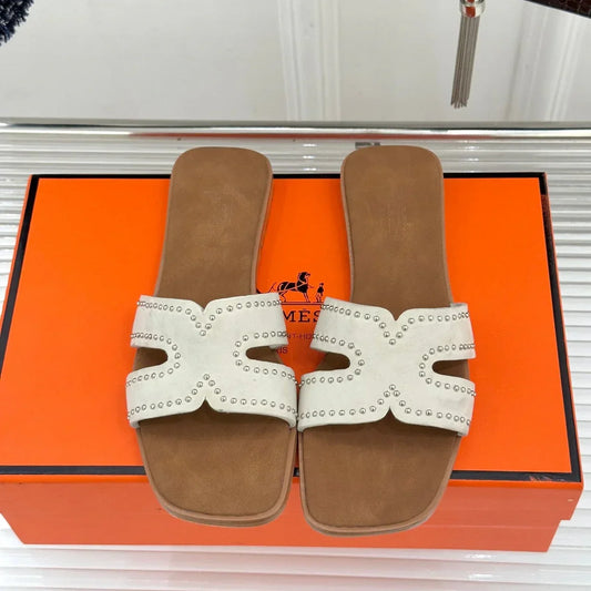 HM 26ss Flat Slippers Brown White Suede 642828