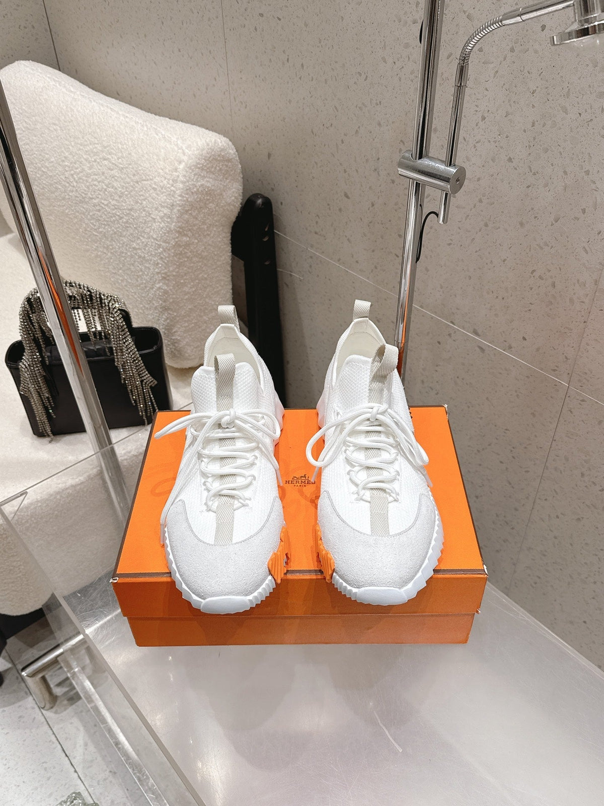 HM Lift Slip-On Sneaker White Orange Black Fabric Suede 608248