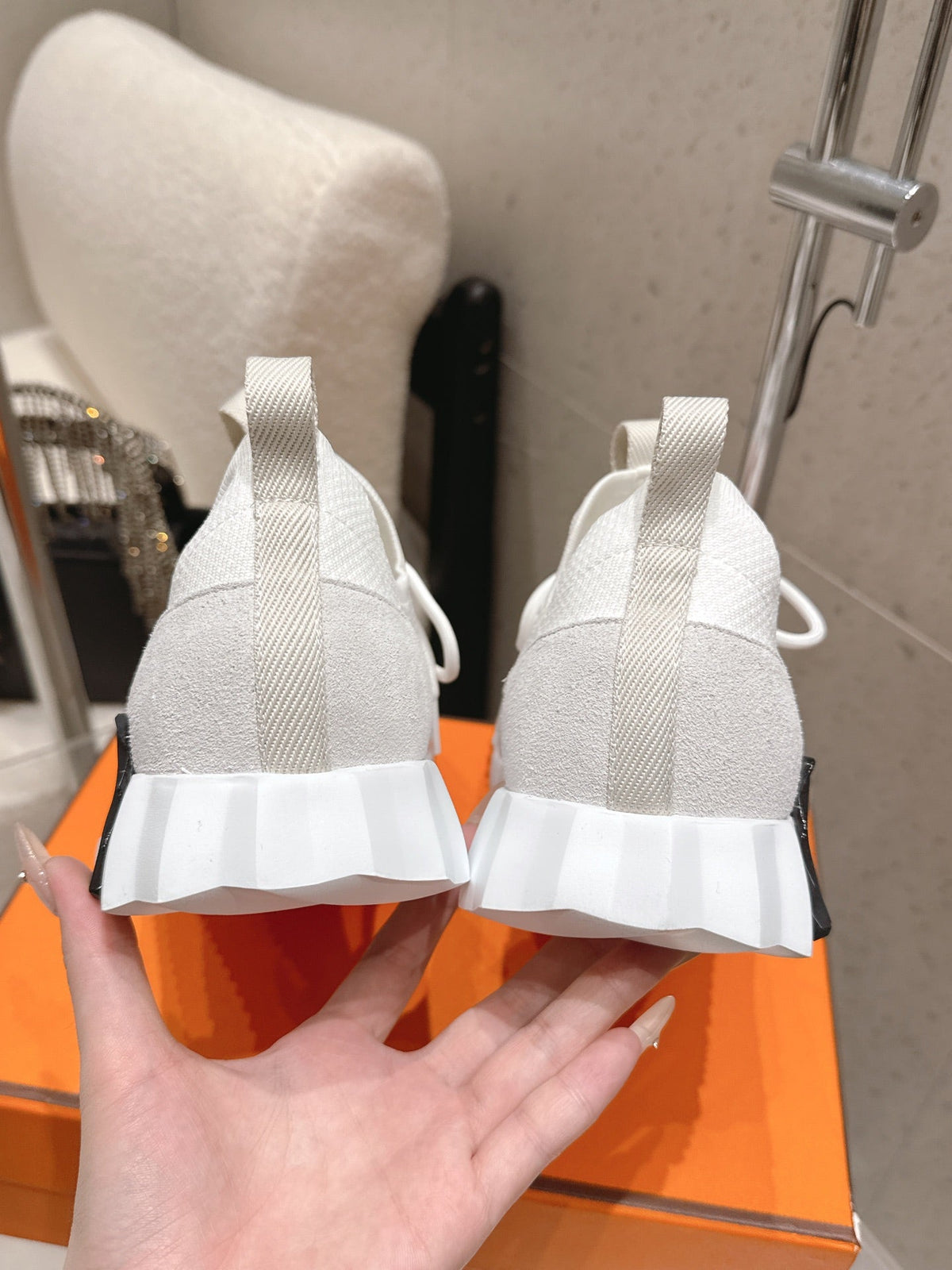 HM Lift Slip-On Sneaker White Orange Black Fabric Suede 608248