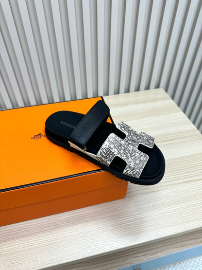 HM Chypre Sandal Black Off White Python Skin Pattern 618578
