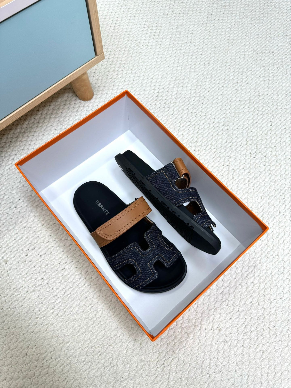 HM Chypre Sandal Hemming Brown Black Cowhide Denim 618587