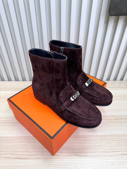 HM 25 Kelly Buckle Ankle Boots Dark Brown Silver Suede 513081