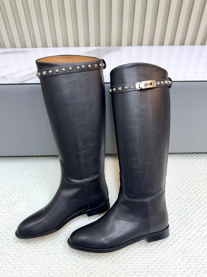 HM 25ss Kelly Buckle Riding Boots Black Cowhide 576121