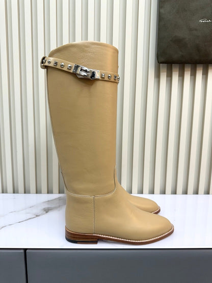 HM 25ss Kelly Buckle Riding Boots Dark Beige Cowhide 576122