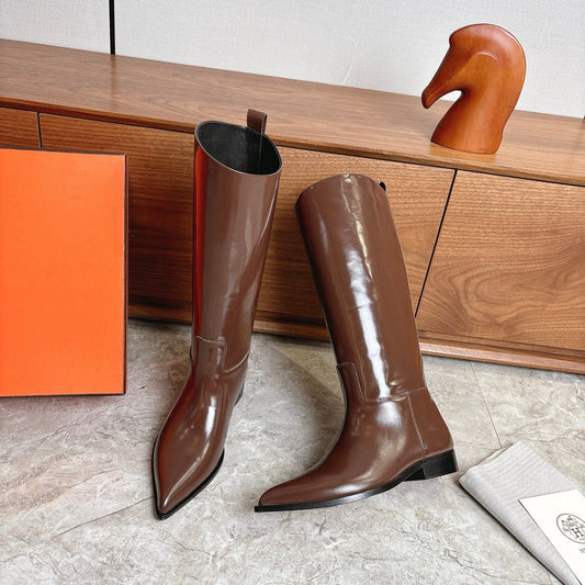 HM FW Pointed-Toe Riding Boots Brown Patent Leather 541260