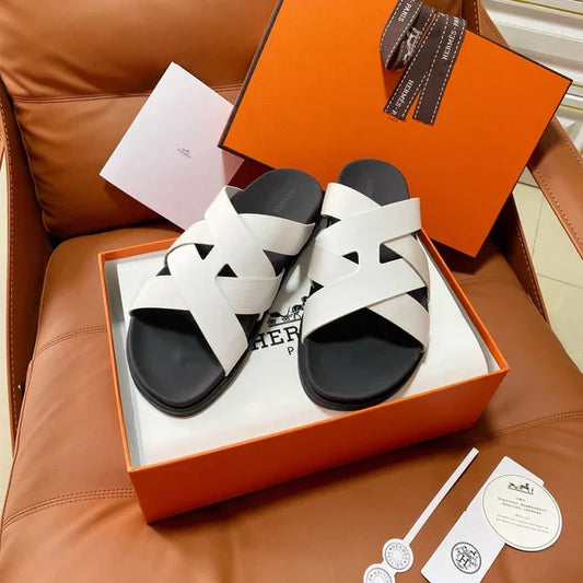 HM 2026 Cross Sandals White Canvas Calfskin 667285