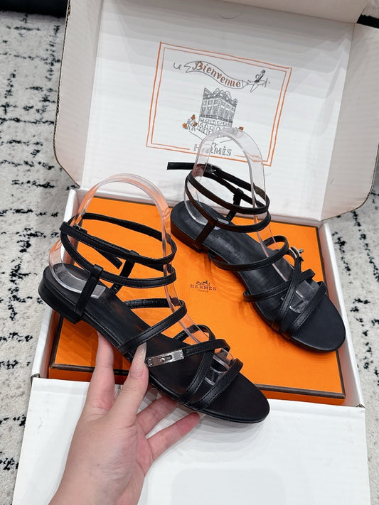 HM 26s Strappy Sandals In Black Calfskin Silver Hardware