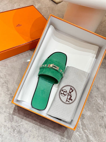 HM 26s Giulia Sandal In Green Suede And Calfskin Silver Hardware