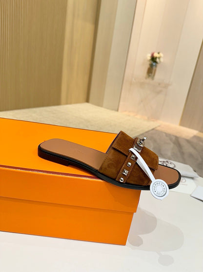 HM 26s Giulia Sandal In Caramel Brown Suede And Calfskin Silver Hardware