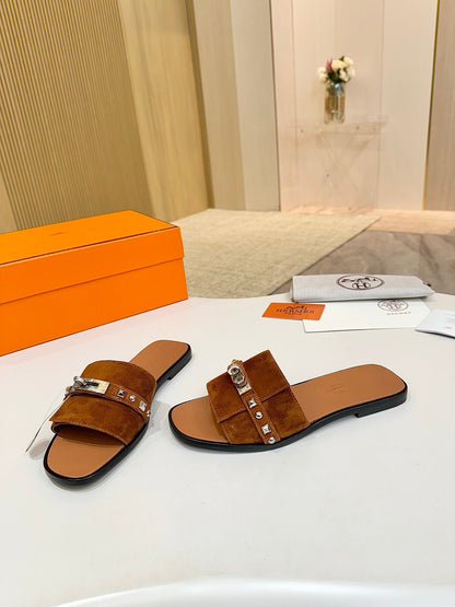 HM 26s Giulia Sandal In Caramel Brown Suede And Calfskin Silver Hardware