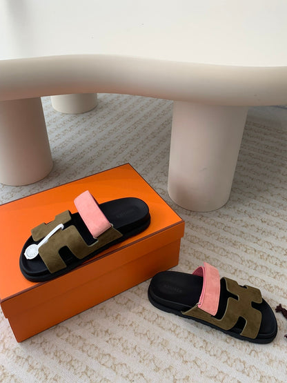 chypre sandal olive pink suede black calfskin