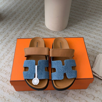 chypre sandal blue denim brown calfskin