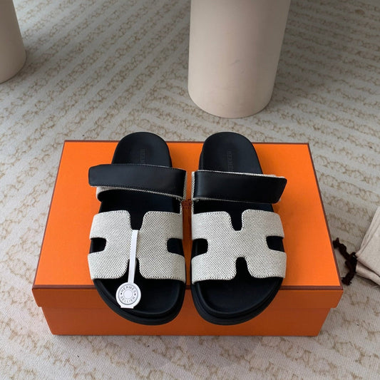 chypre sandal white canvas black calfskin