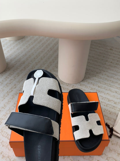 chypre sandal white canvas black calfskin