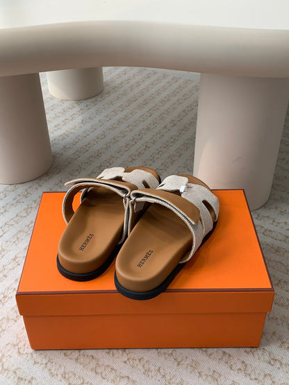 chypre sandal white canvas brown calfskin