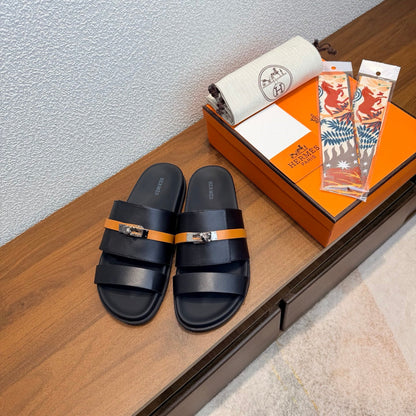 HM Jackson Sandals Black Tan Brown Sheepskin 707181