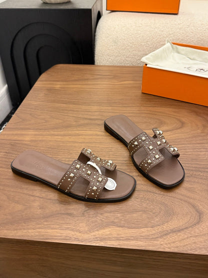 HM 26s Oran Studded Sandals In Dark Brown Calfskin