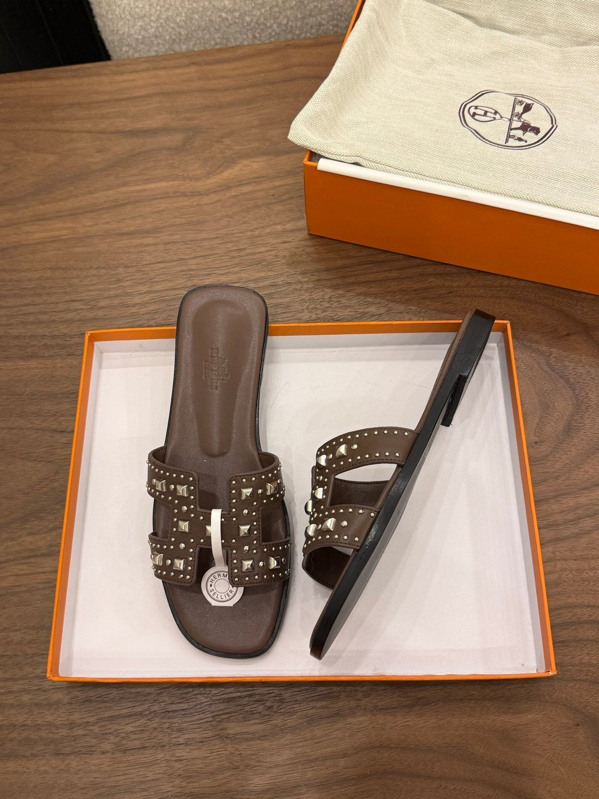 HM 26s Oran Studded Sandals In Dark Brown Calfskin