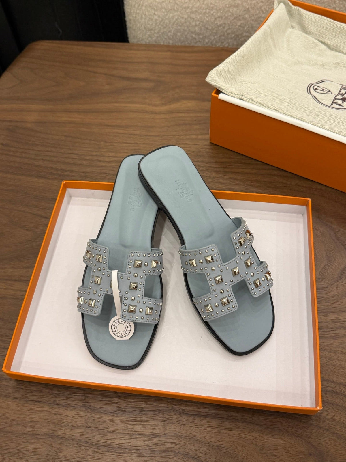HM 26s Oran Studded Sandals In Dusty Blue Calfskin