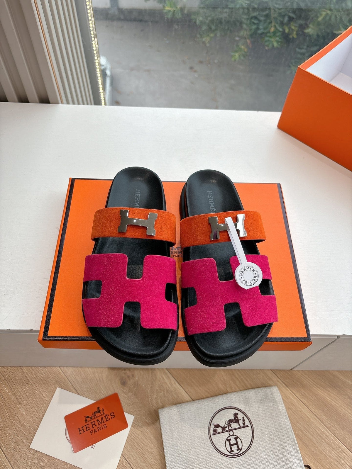 HM 25 Chypre Sandal Orange Red Suede Calfskin Silver H