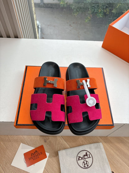 HM 25 Chypre Sandal Orange Red Suede Calfskin Silver H