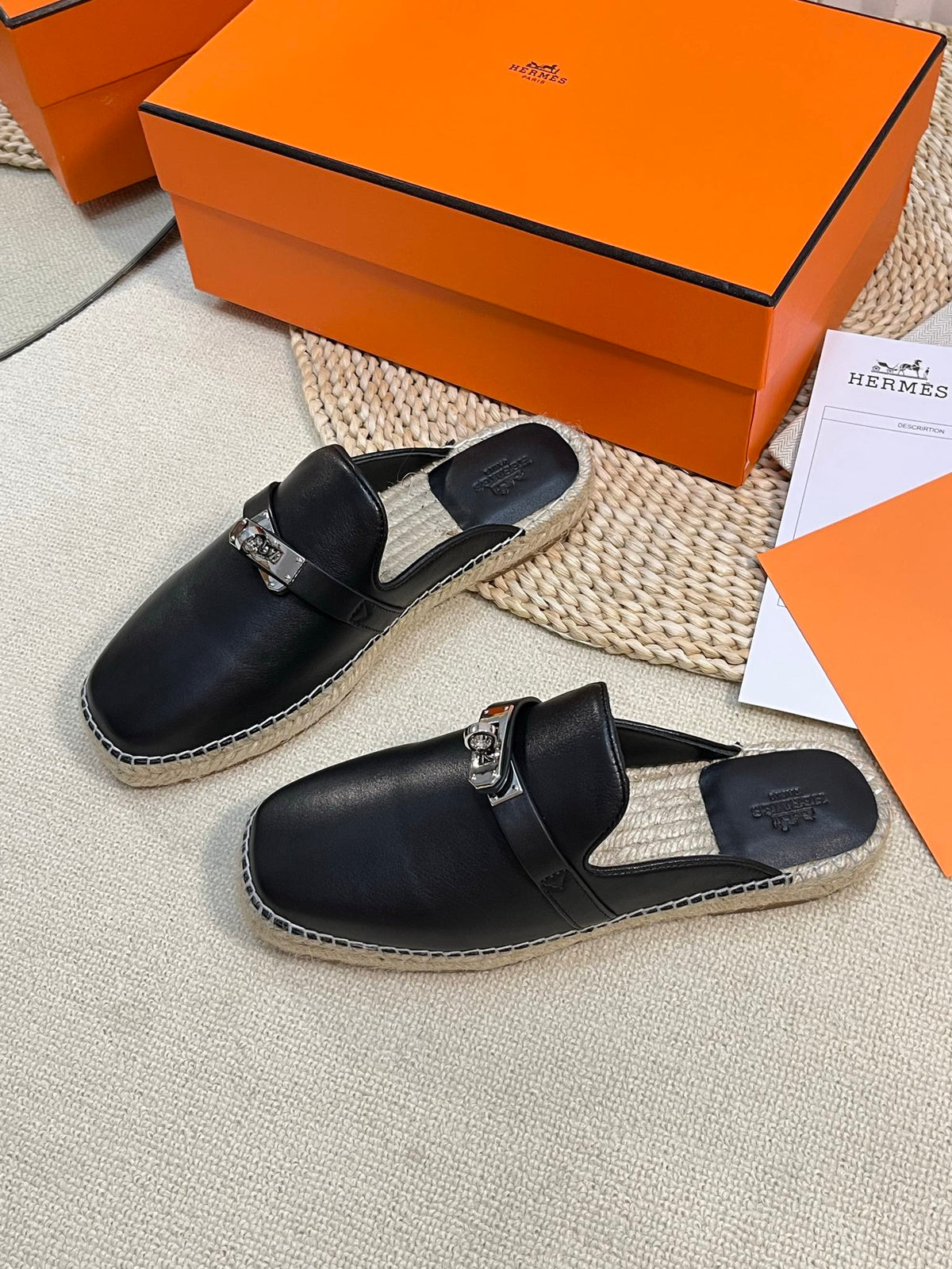 HM Feria Espadrille Mule Black Calfskin