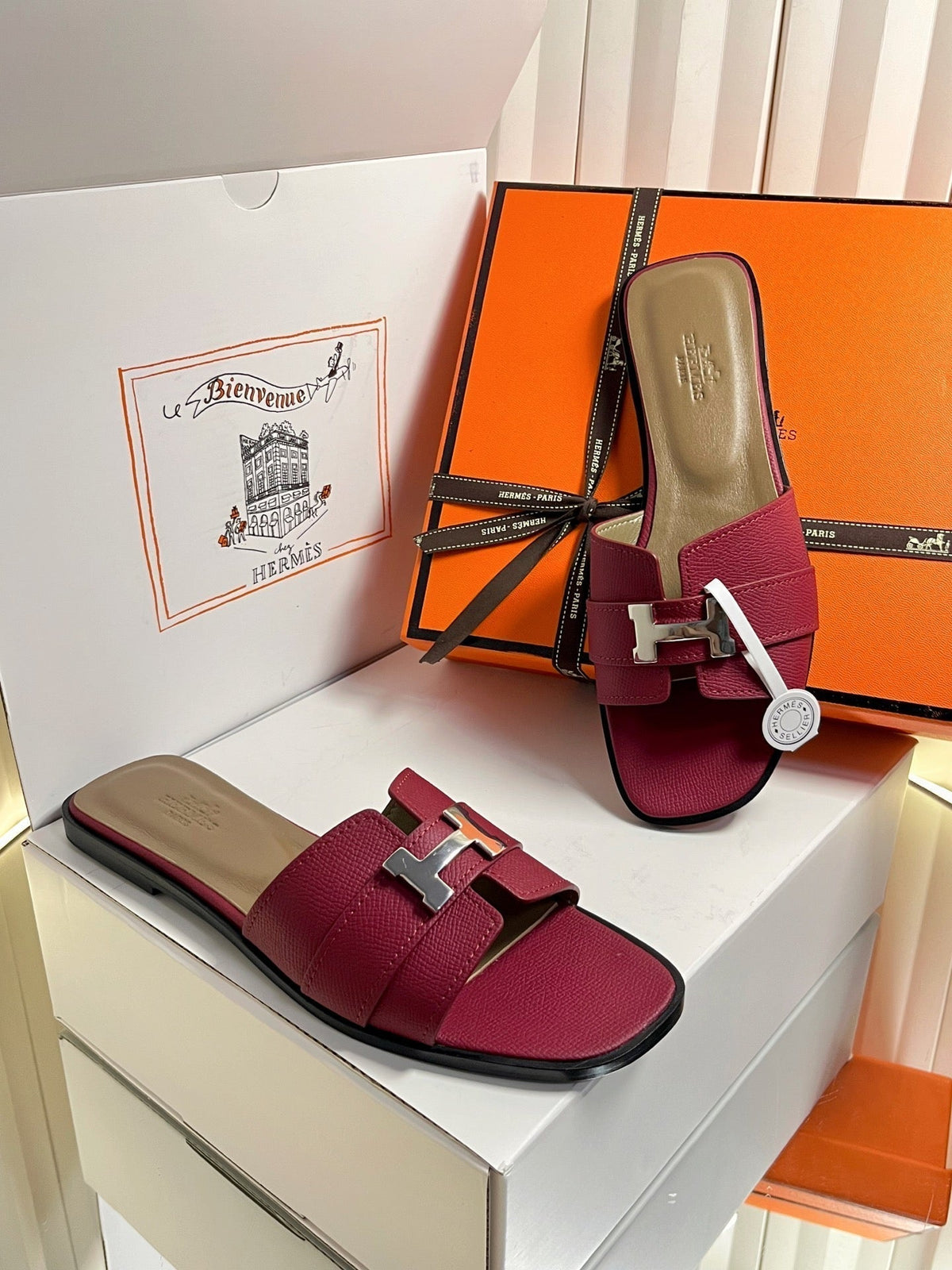 HM 26s Oran Sandals In Burgundy Red Epsom Calfskin Silver Hardware